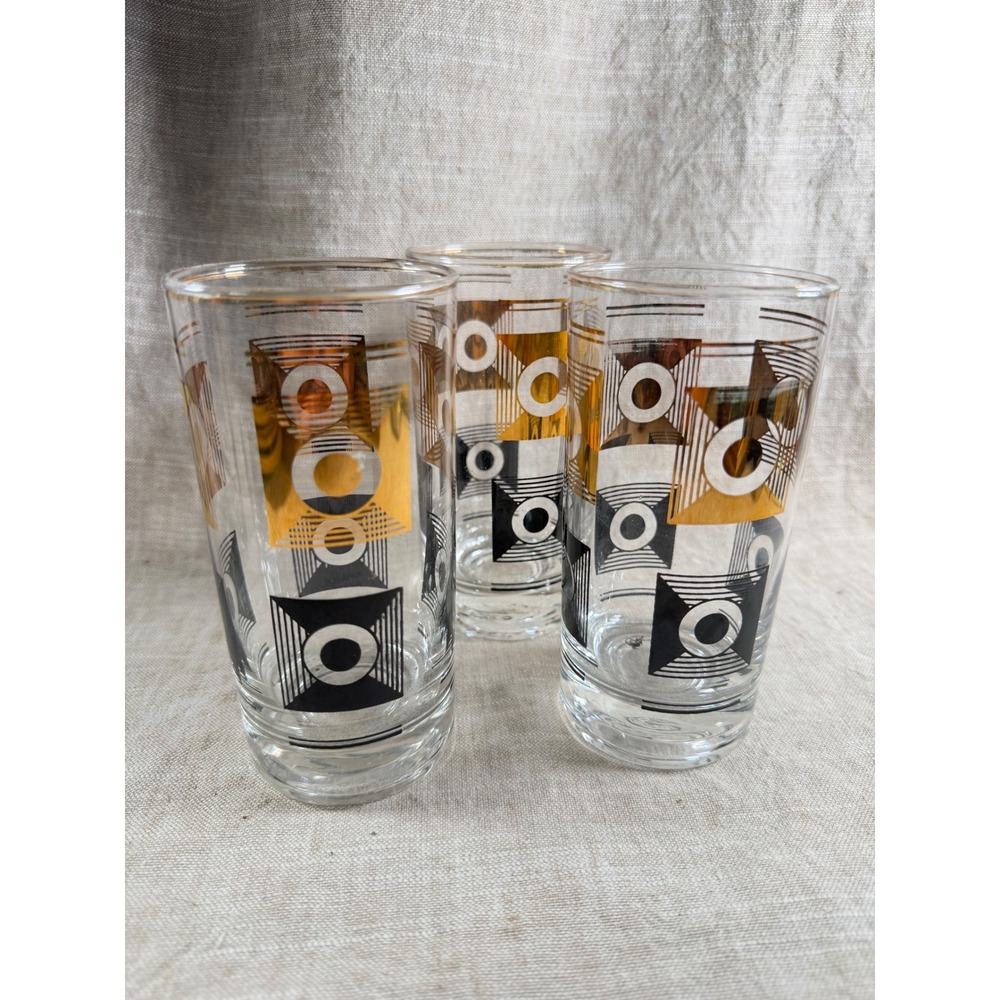 Vintage Atomic MCM Highball Glasses Set of 3 Gold Black Geometric Tumblers